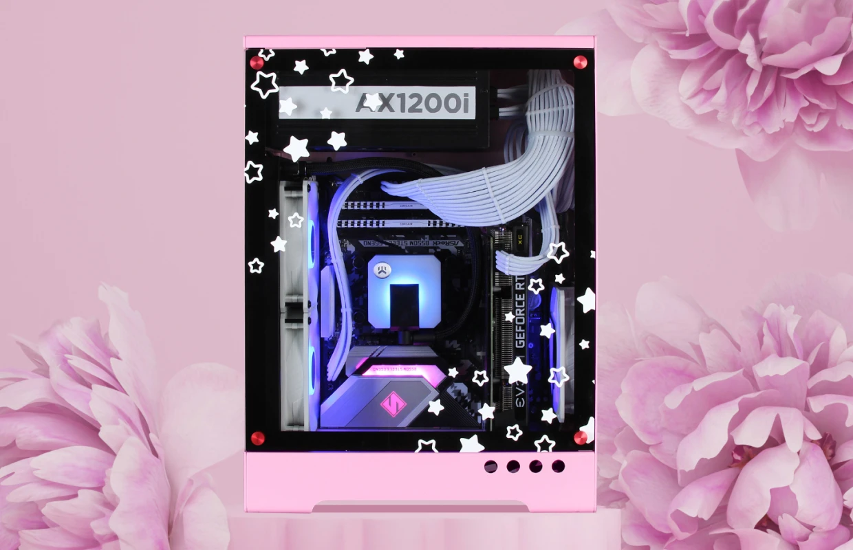pink gaming pc side view