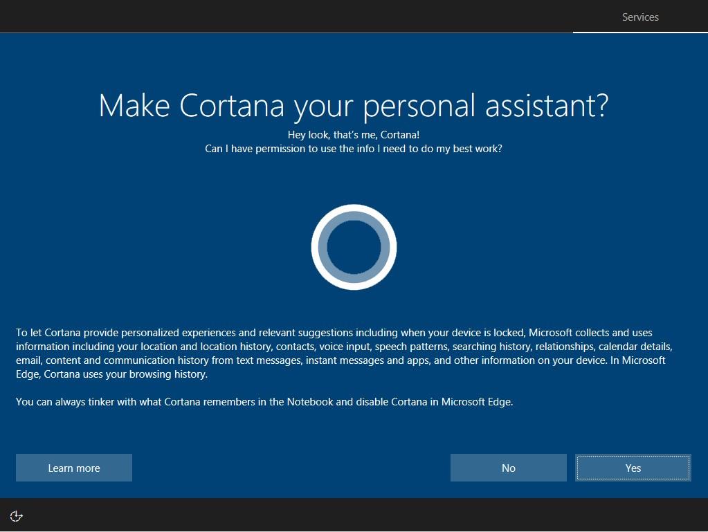 Decide if you would like to use Cortana as a personal assistant