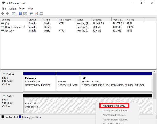Creating a New Drive Volume in Windows 10