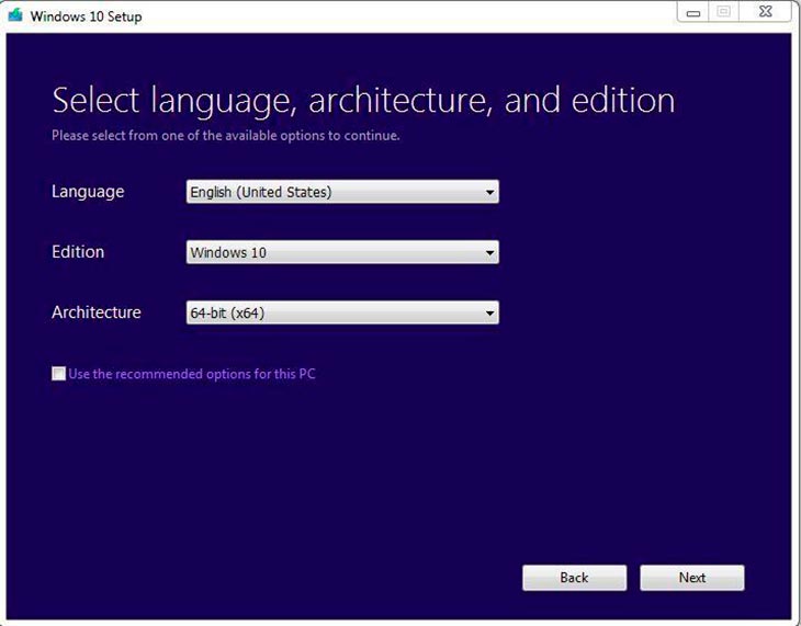 Select the language, edition, and architecture