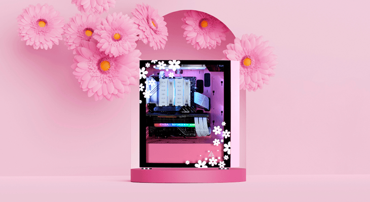 Pink gaming PC with flowers